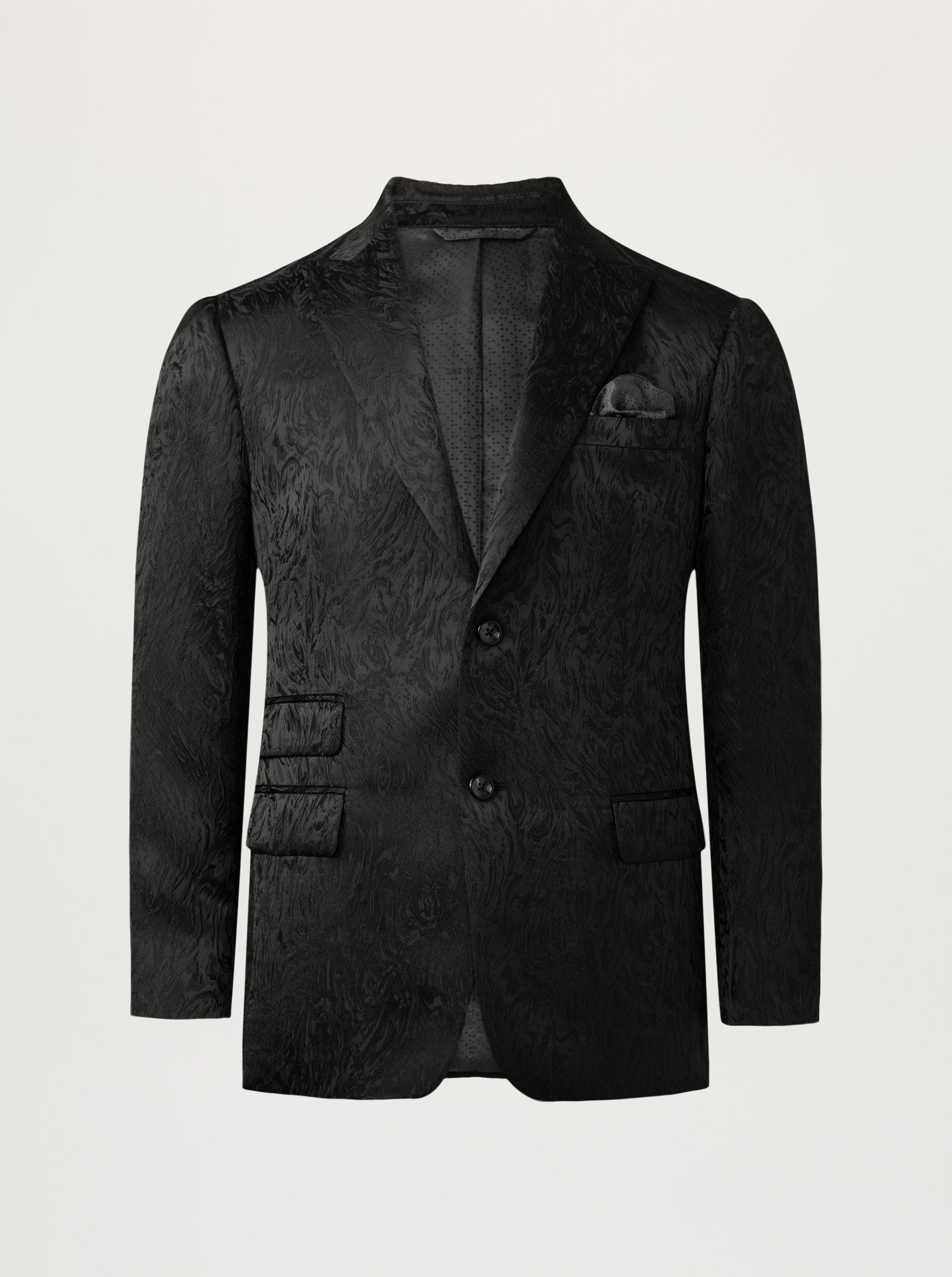 A black textured jacquard blazer with a subtle damask pattern, featuring notch lapels, two front buttons, flap pockets, and a matching pocket square, shown against a light gray background.