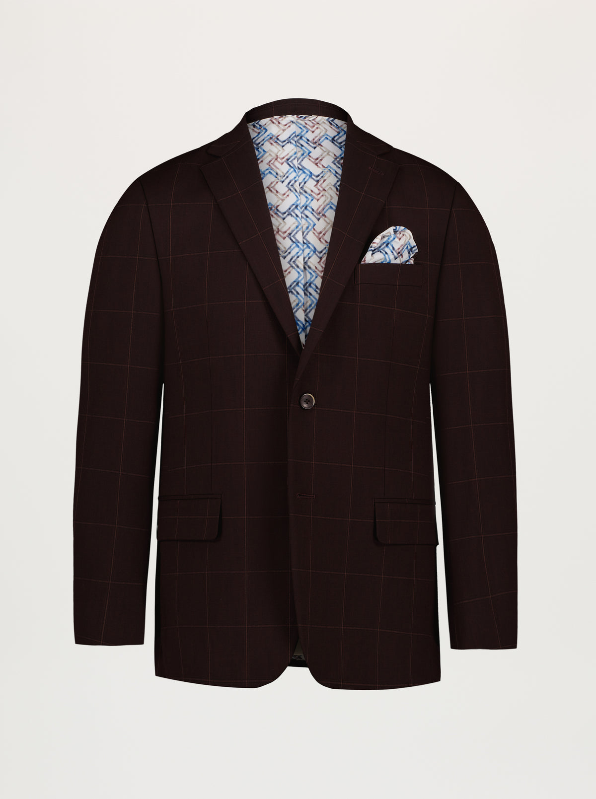 A dark brown windowpane check blazer with a patterned blue and white pocket square and matching patterned shirt lining, displayed on a neutral light gray background.