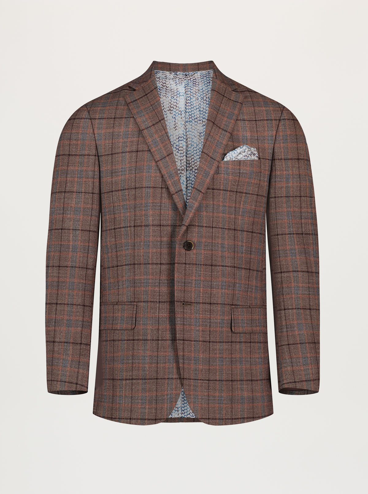 A men's single-breasted plaid blazer in brown and red tones, featuring notch lapels, a two-button front closure, and a matching patterned pocket square, shown against a light gray background.