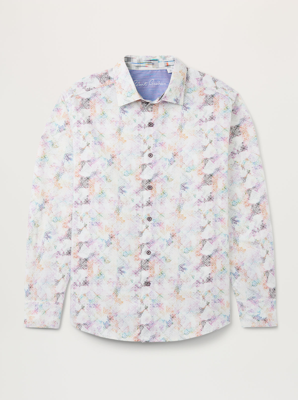 A long-sleeve button-up shirt with a delicate pastel floral and abstract print on a white base, featuring a light blue inner collar lining.