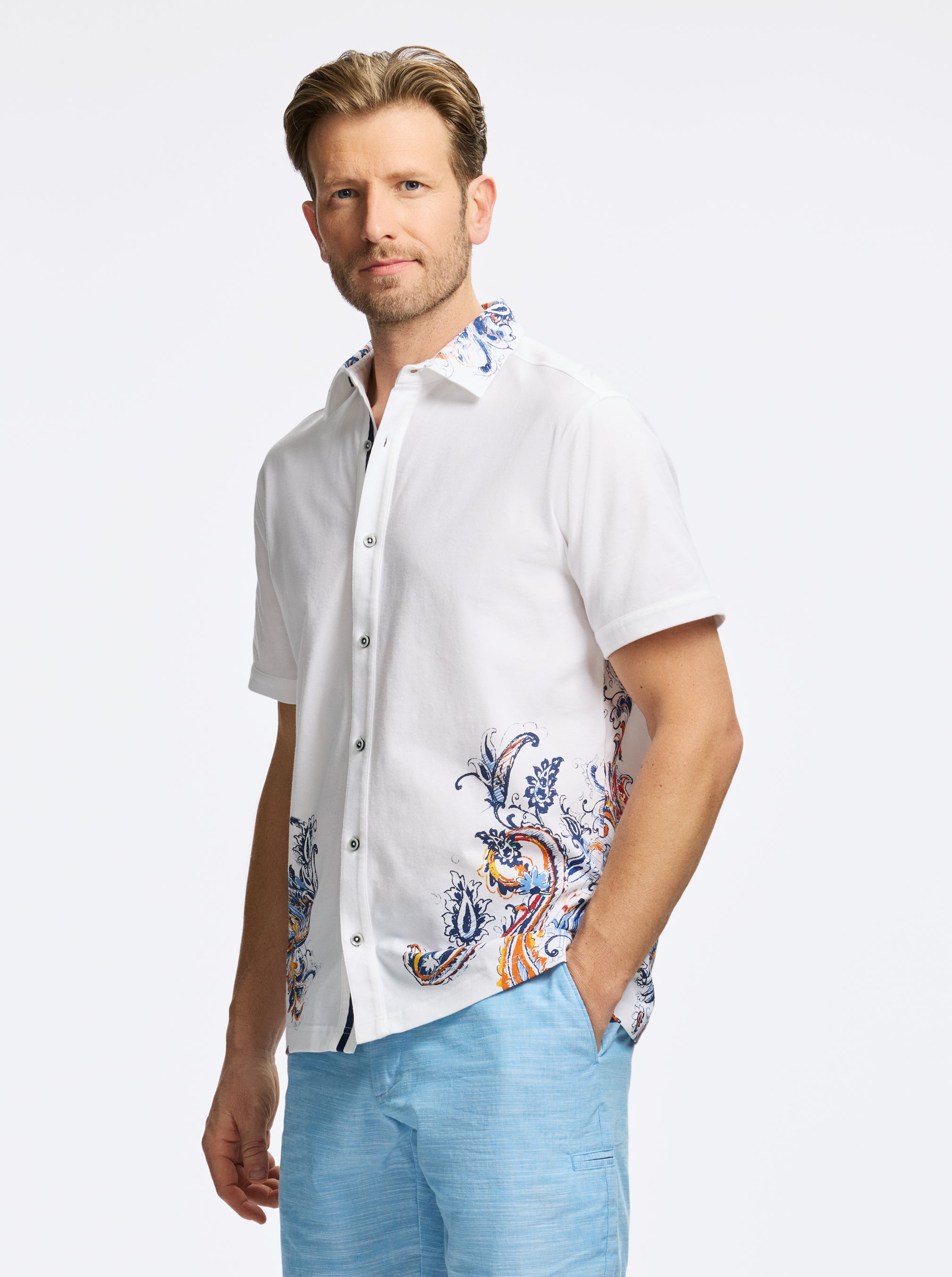 ORANGE PAISLEY SHORT SLEEVE BUTTON DOWN SHIRT