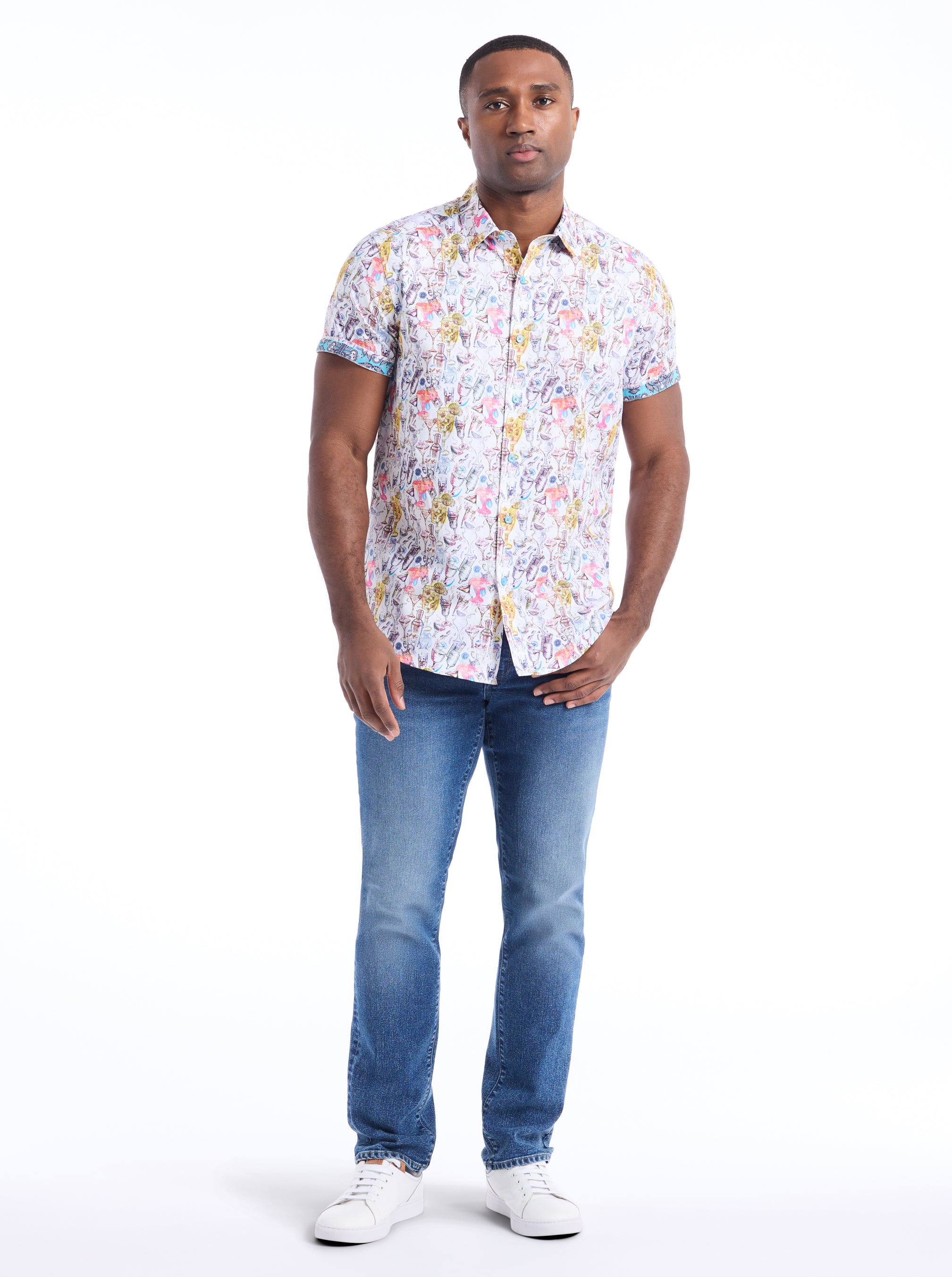 DRINKS ON ME SHORT SLEEVE BUTTON DOWN SHIRT