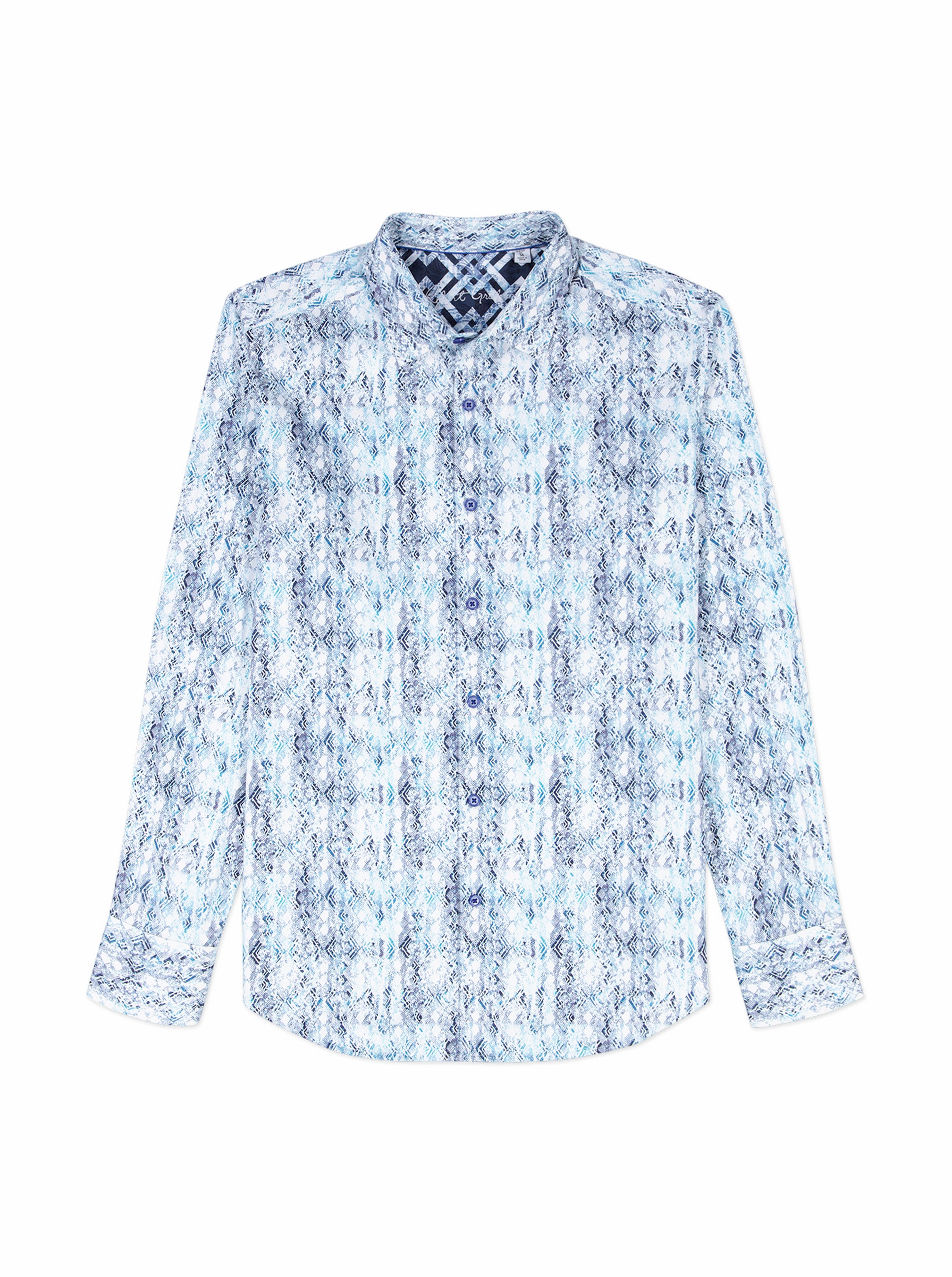 Blue patterned shirt on a white background