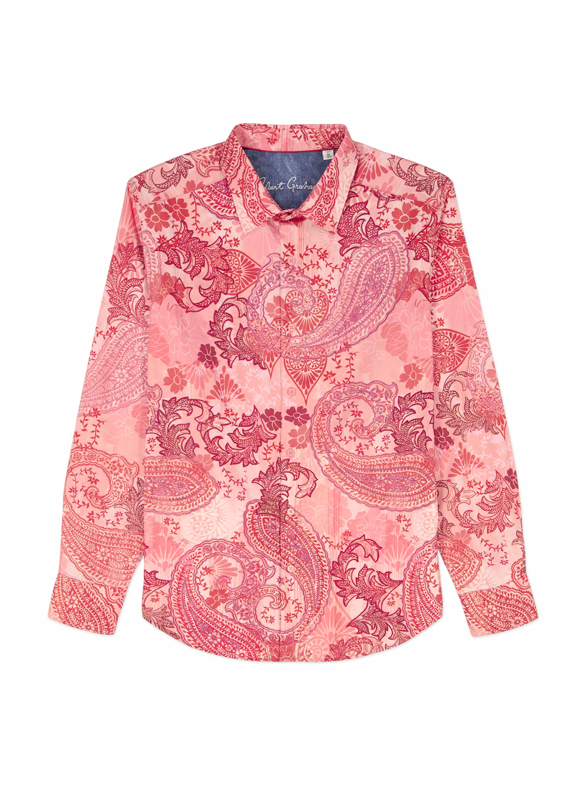 Pink paisley patterned shirt on a white background