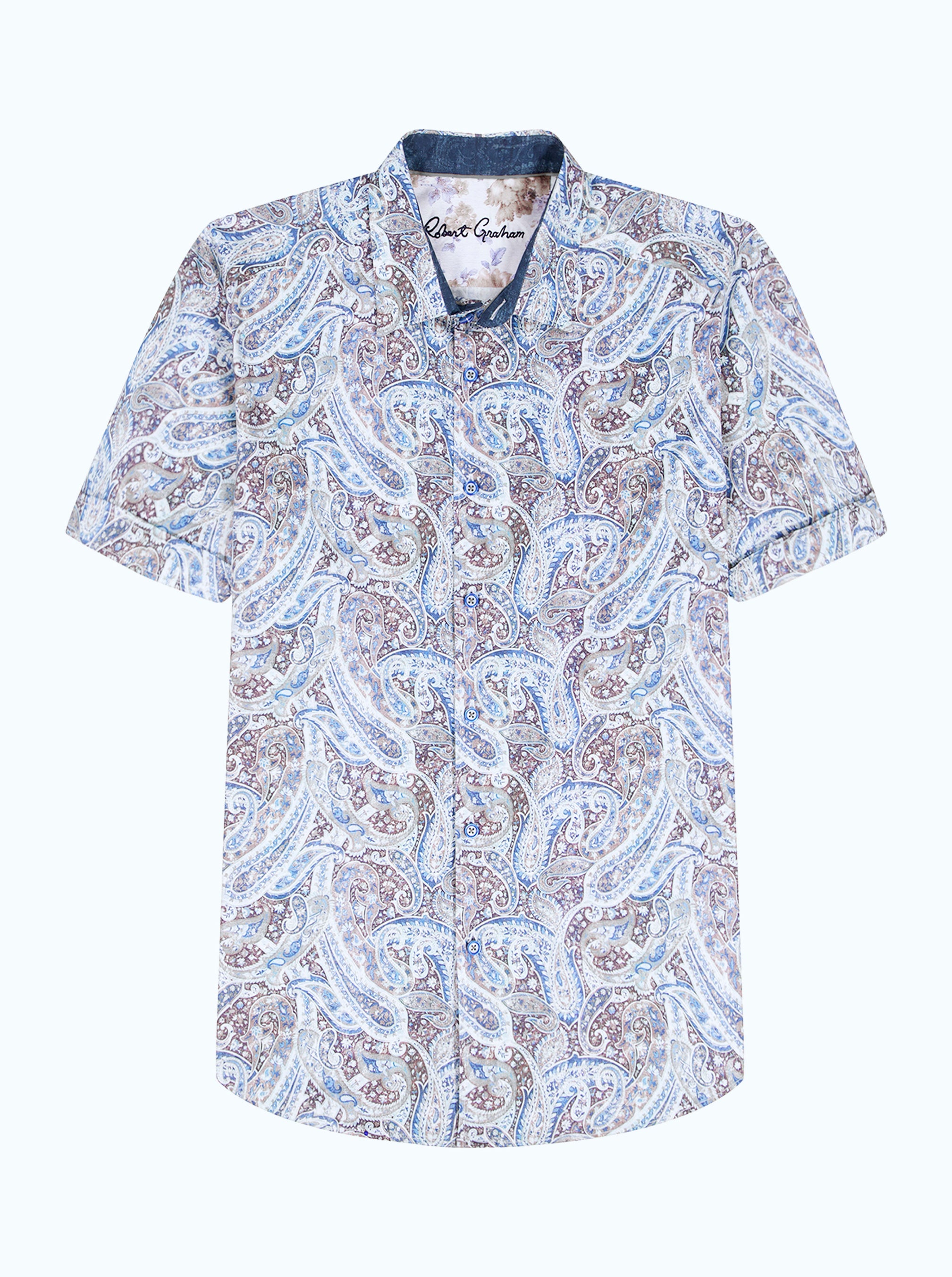 Short-sleeve shirt with a paisley pattern on a white background