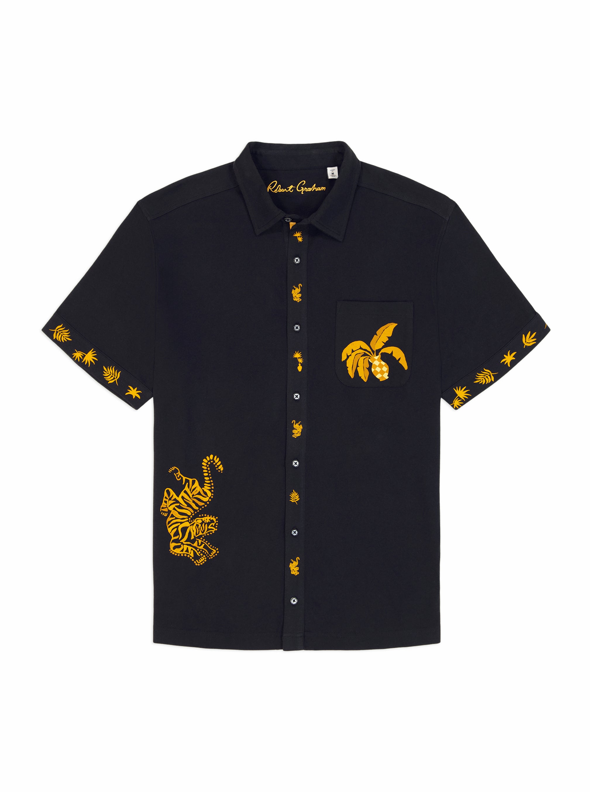 Black shirt with yellow floral patterns on a white background