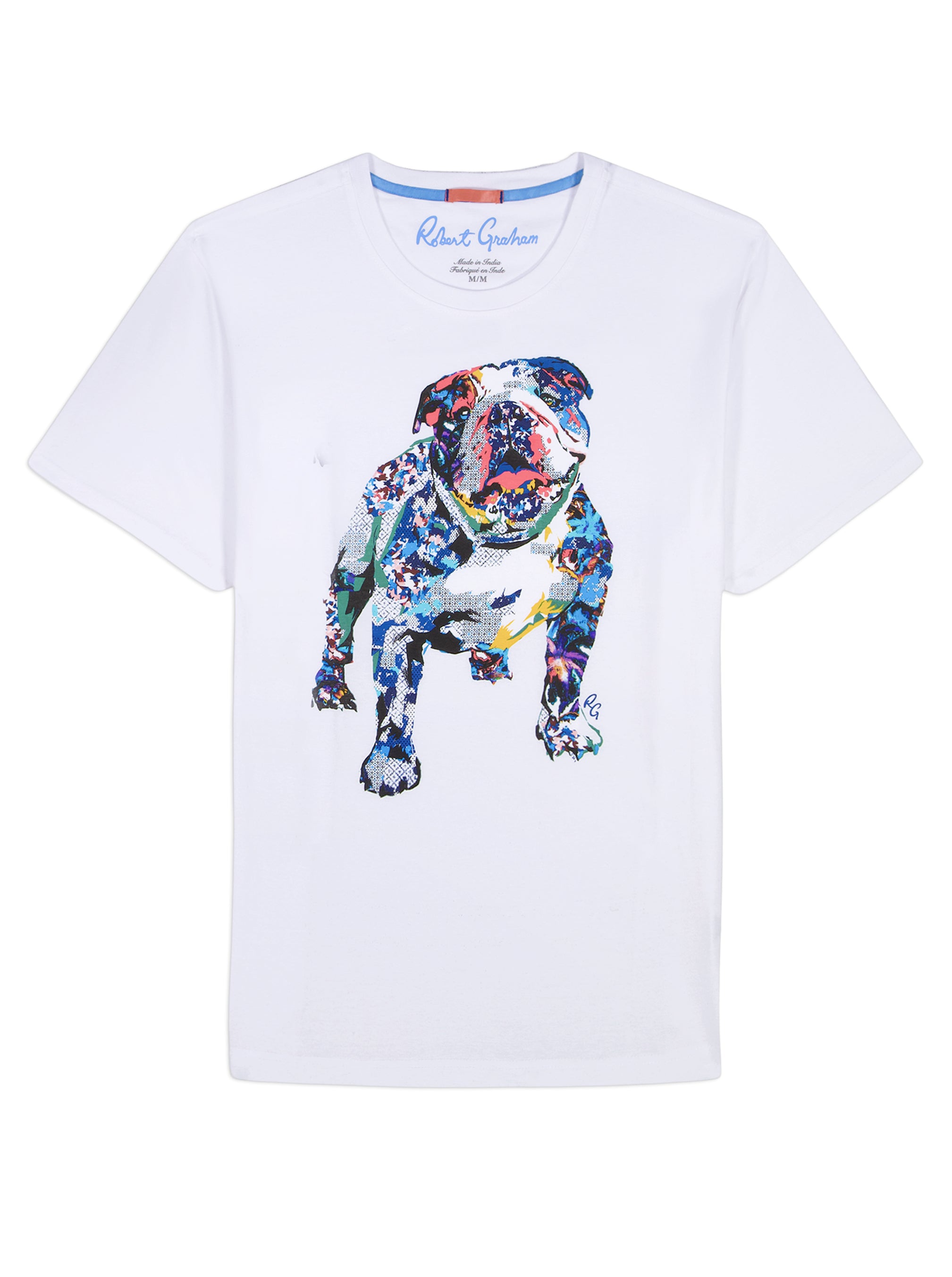 White t-shirt with a colorful bulldog graphic on a white background