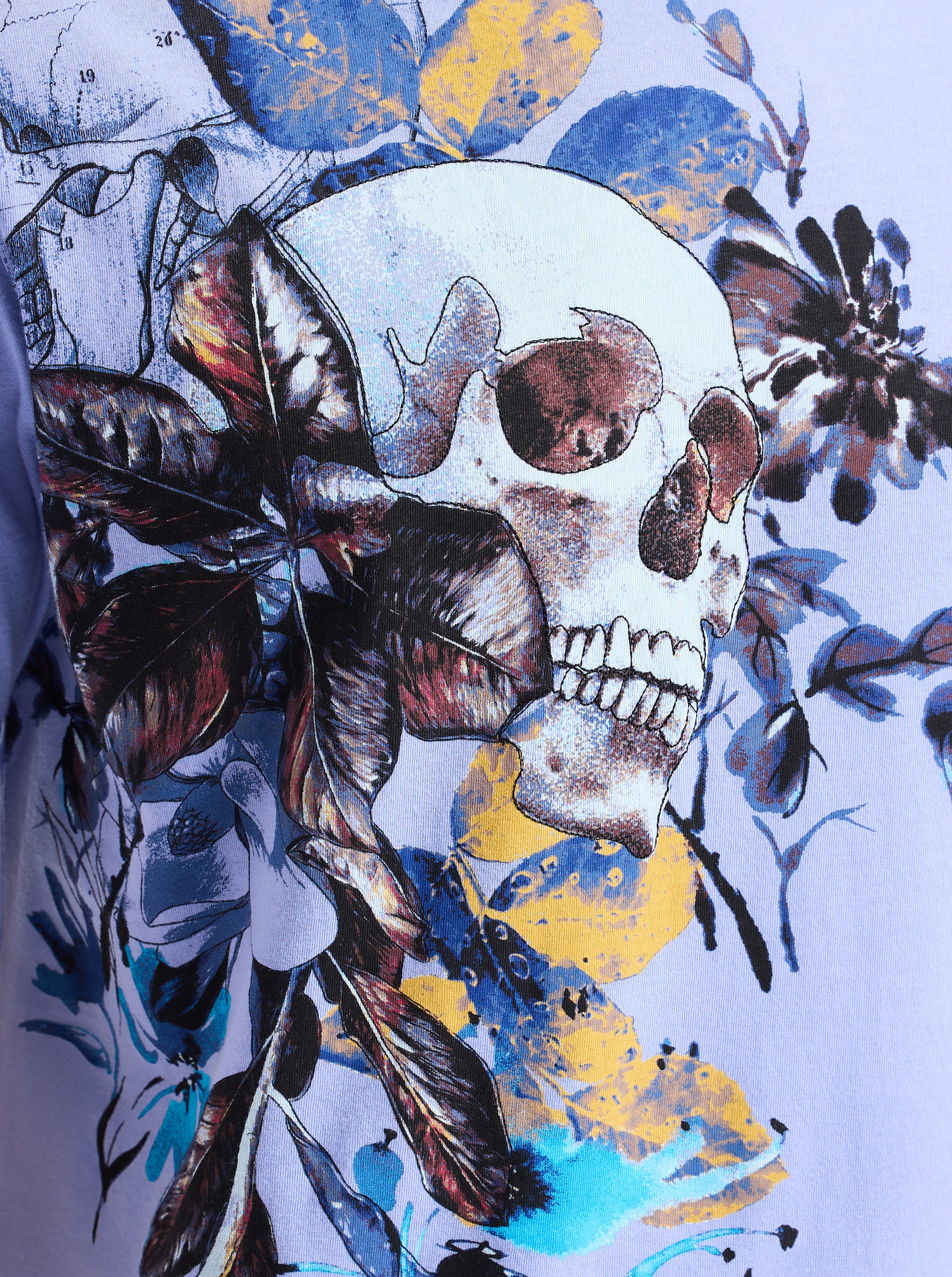 Artistic depiction of a skull with floral elements on a colorful background