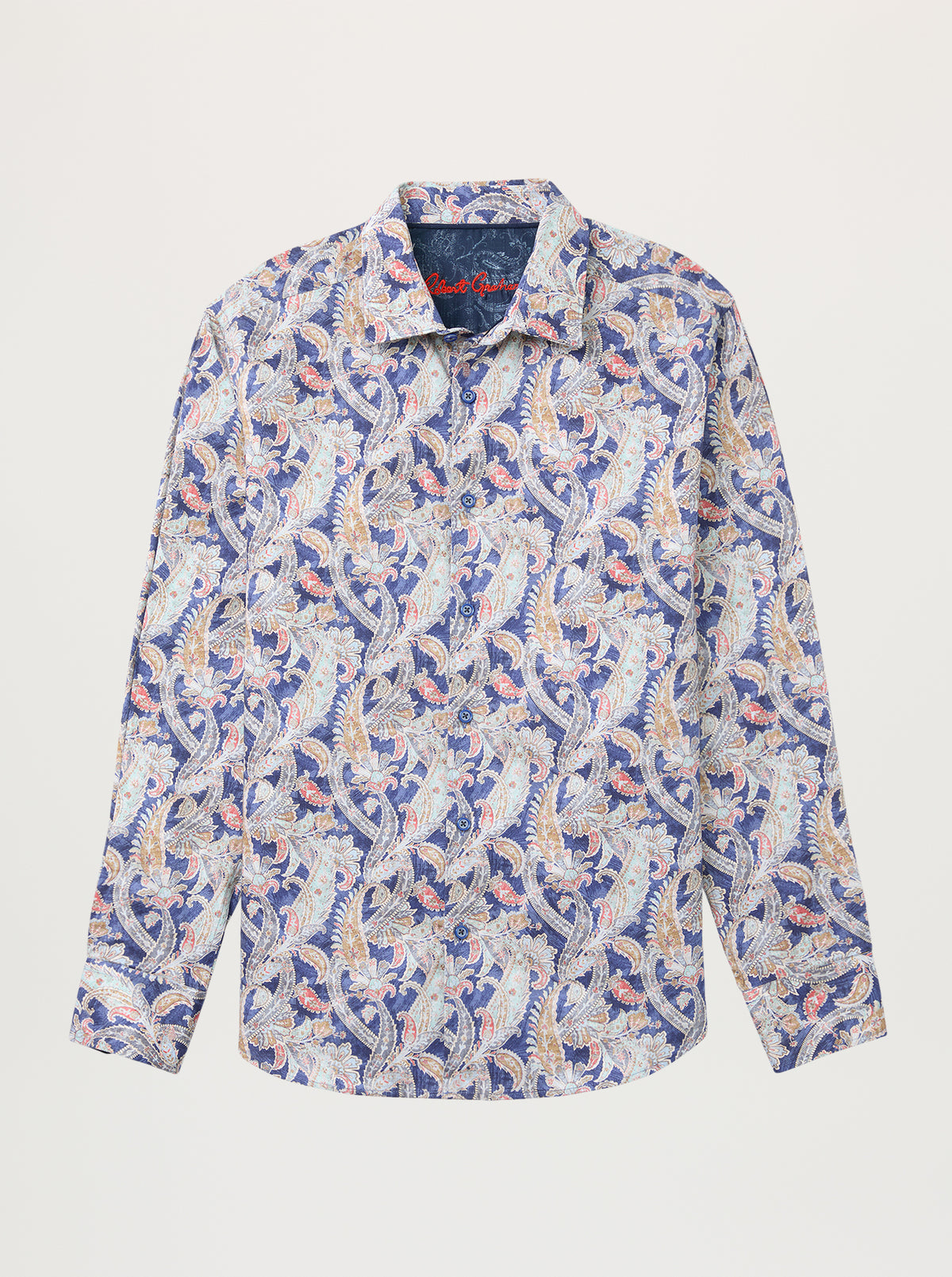 Image of a light blue, purple, and white multi pattern dense paisley long sleeve button up shirt 