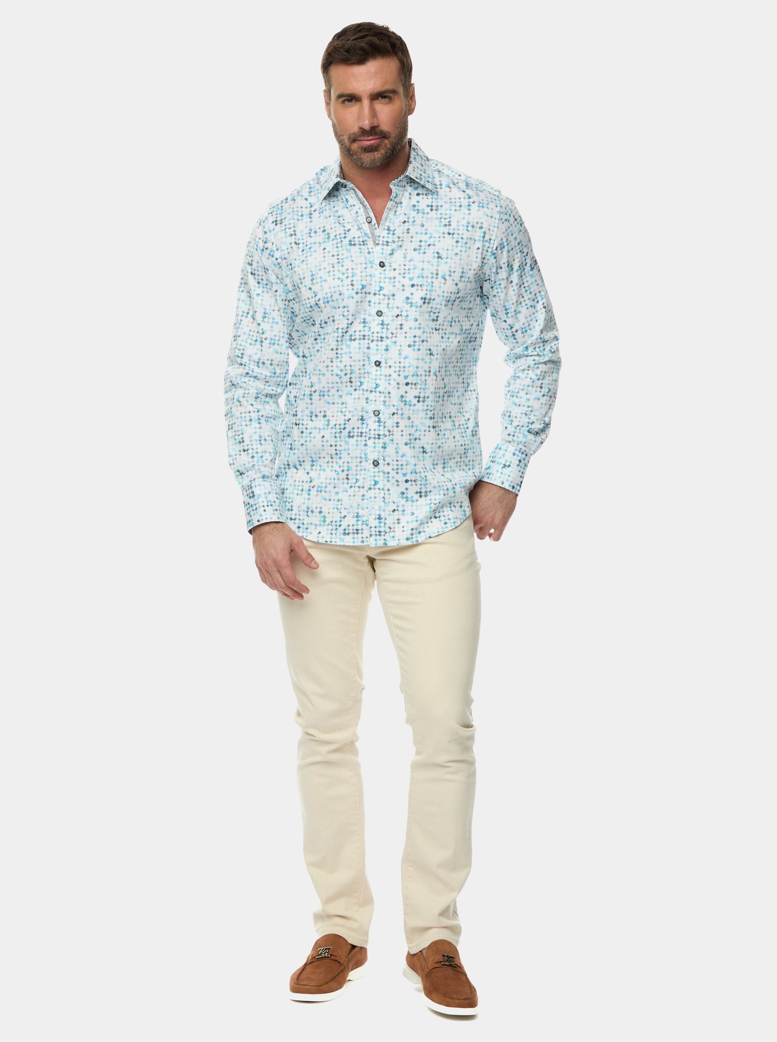 FRAPBOIS × Ryan Su CAT band collar shirt Men's Band Collar Button Down Shirt In Classic Blue 100