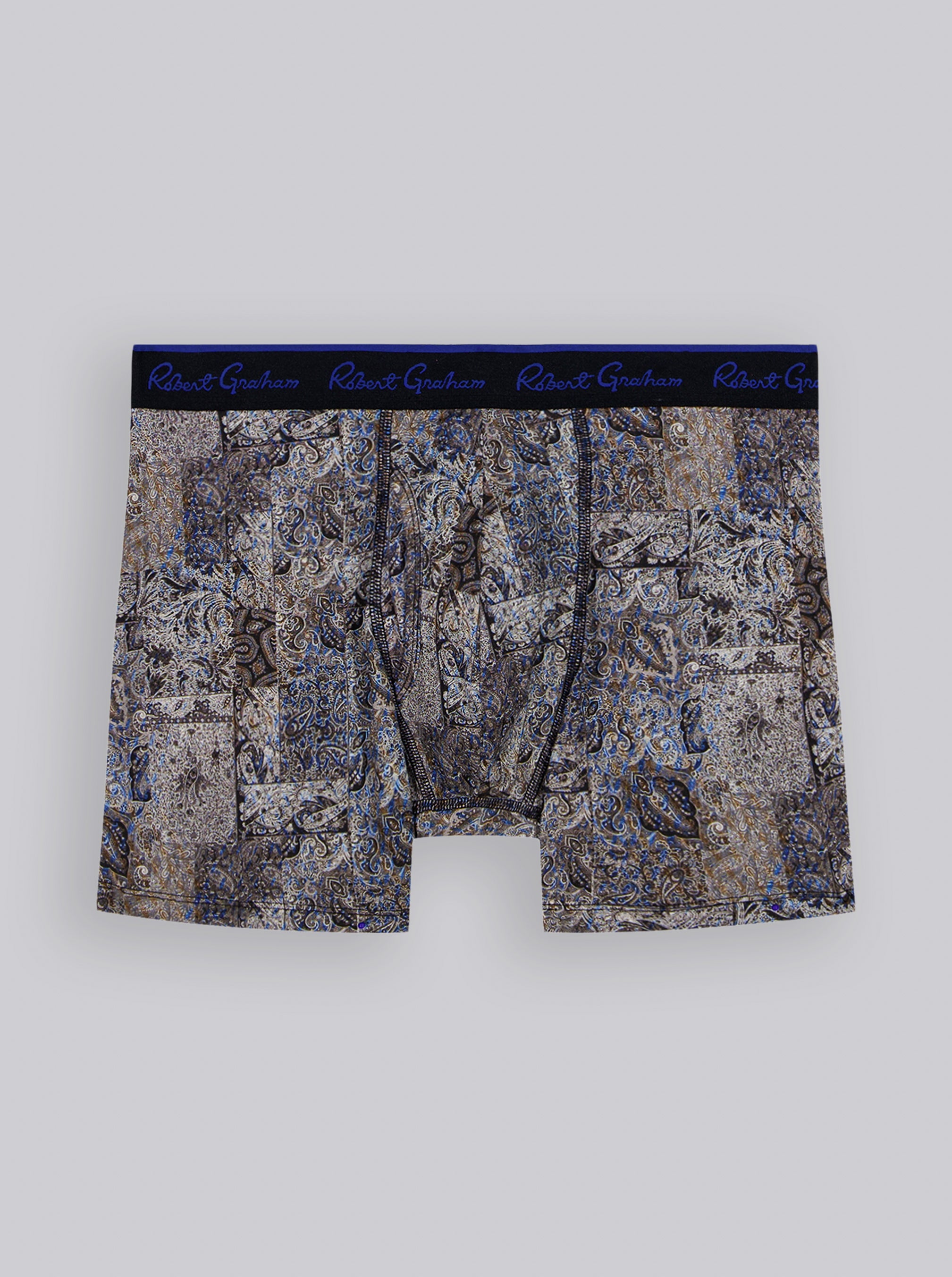 Pair of patterned boxer briefs with a brand label on a white background