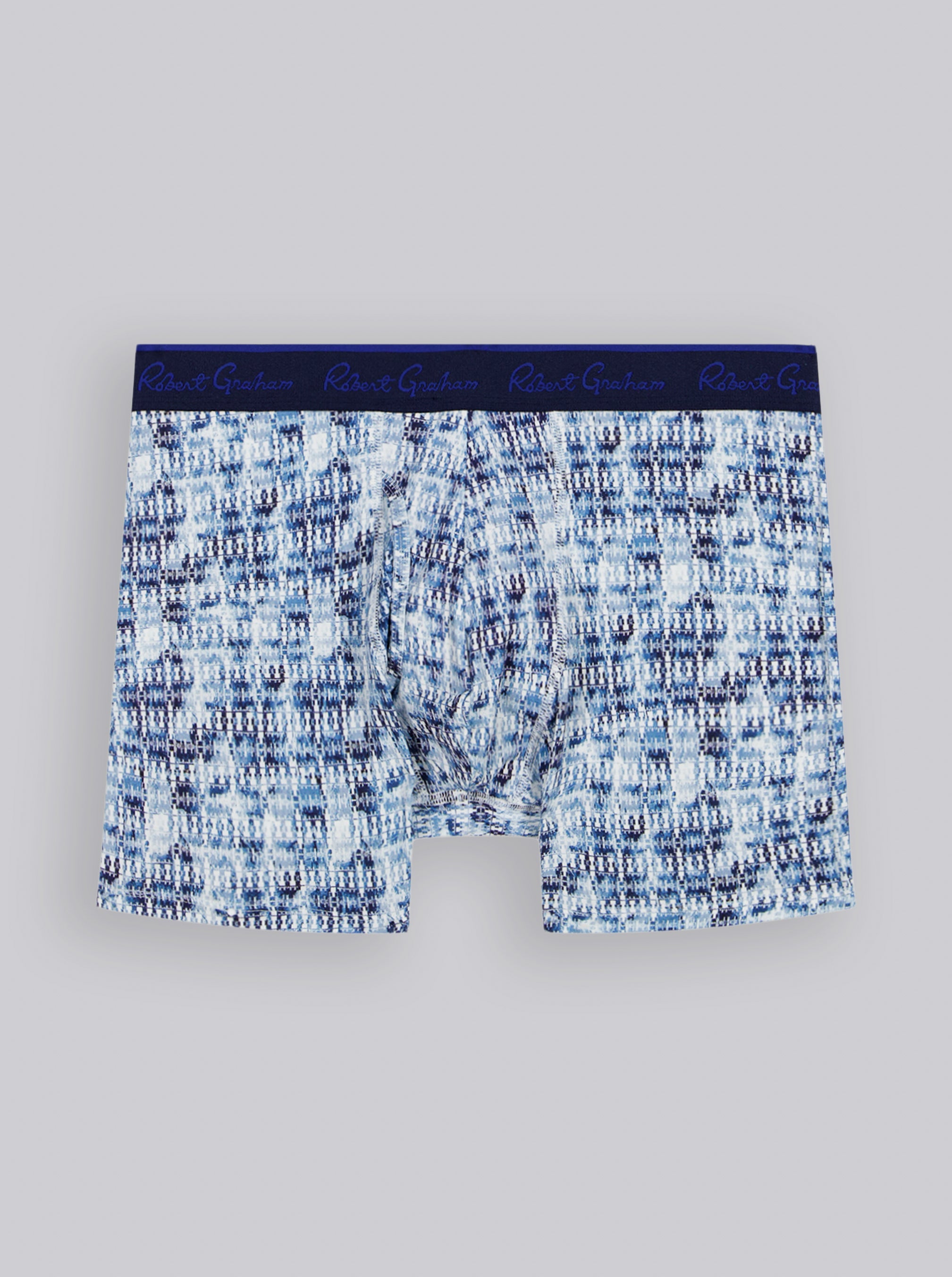 Blue and white patterned boxer briefs on a gray background