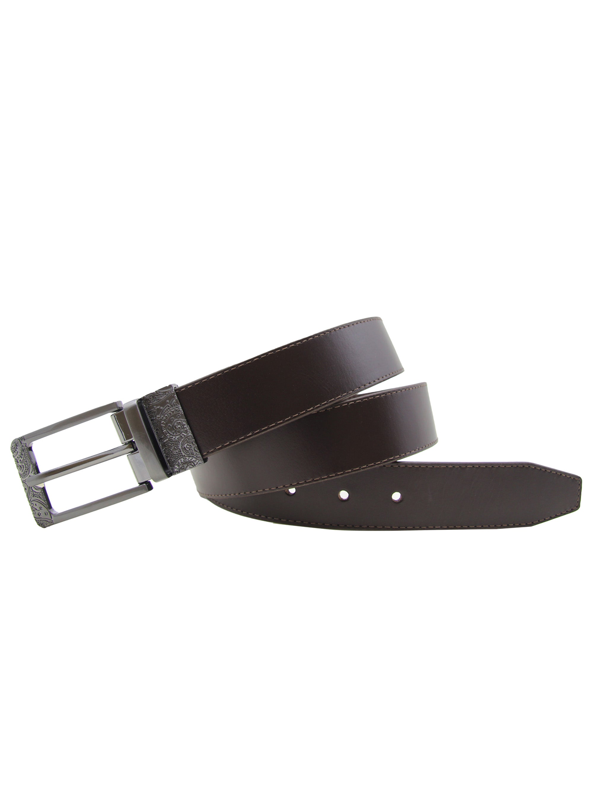 Brown leather belt with a silver buckle on a white background