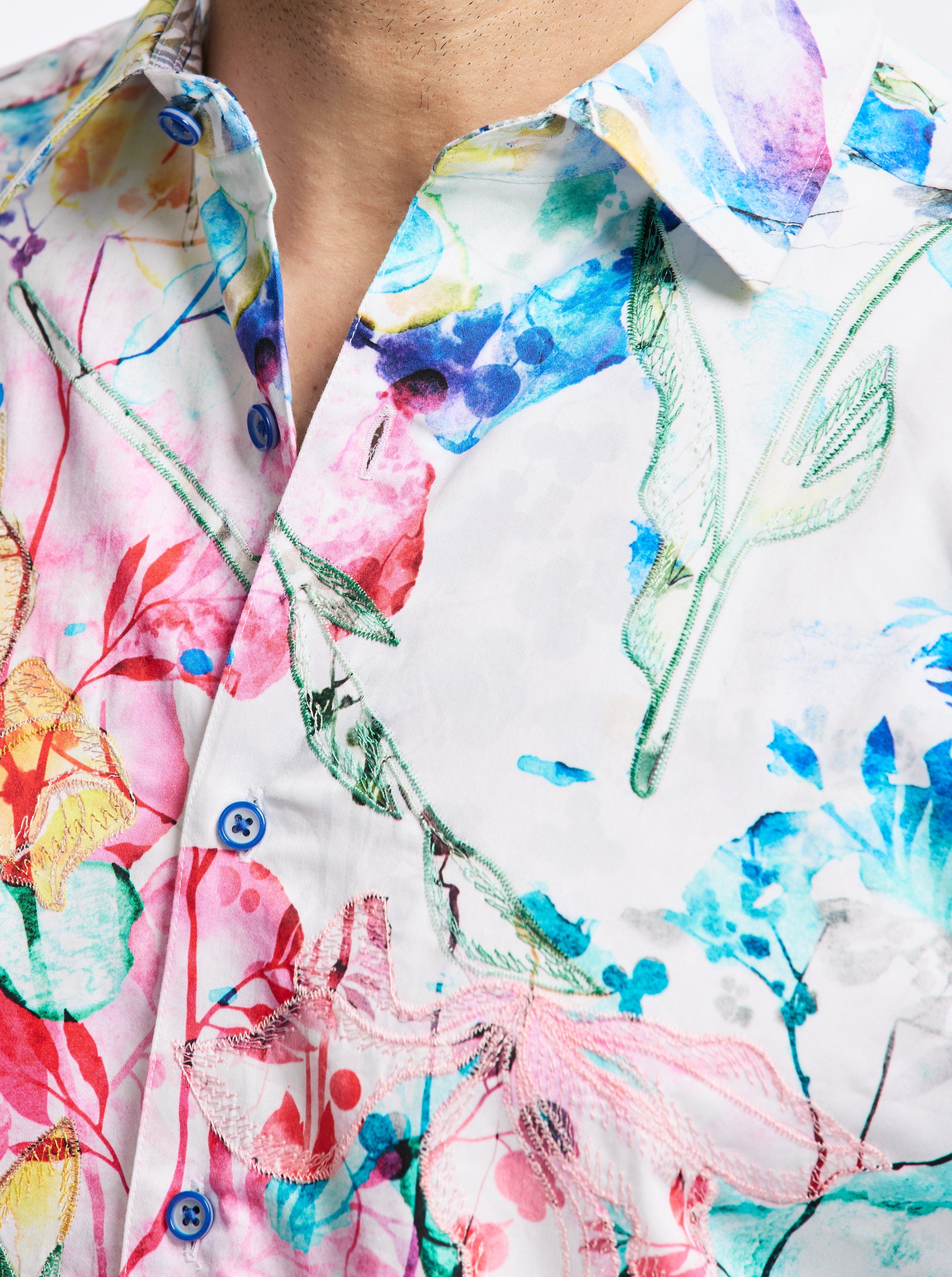 Close-up of a colorful floral shirt with watercolor design