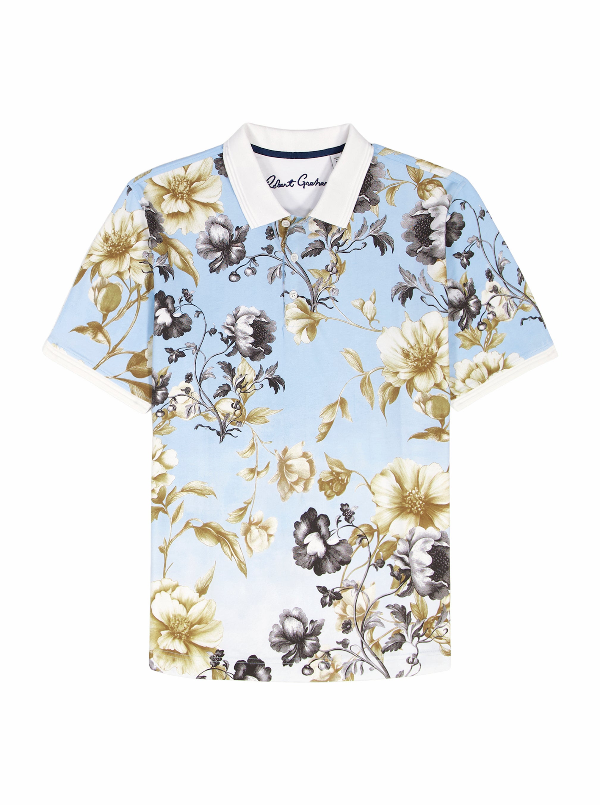 Floral patterned polo on a white background