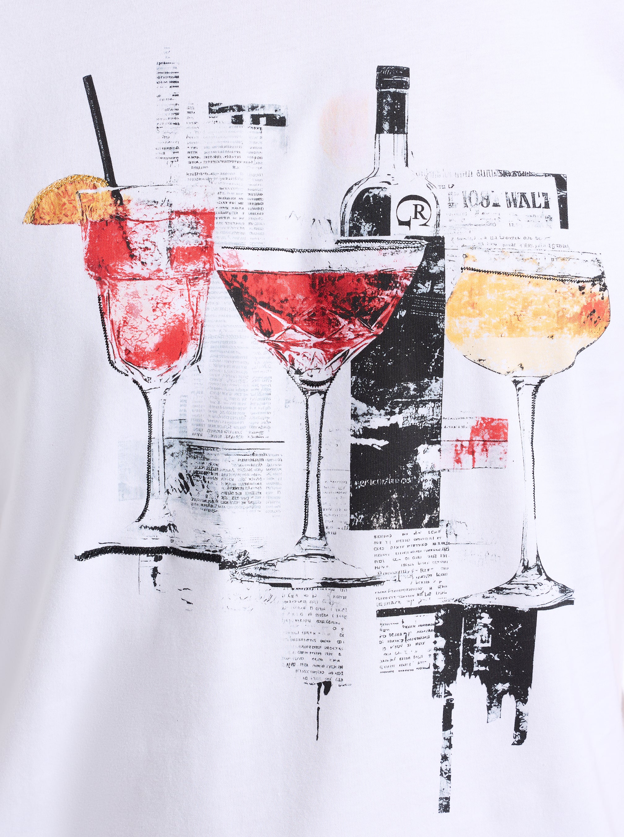 T-shirt with graphic of cocktails and a bottle on a white background