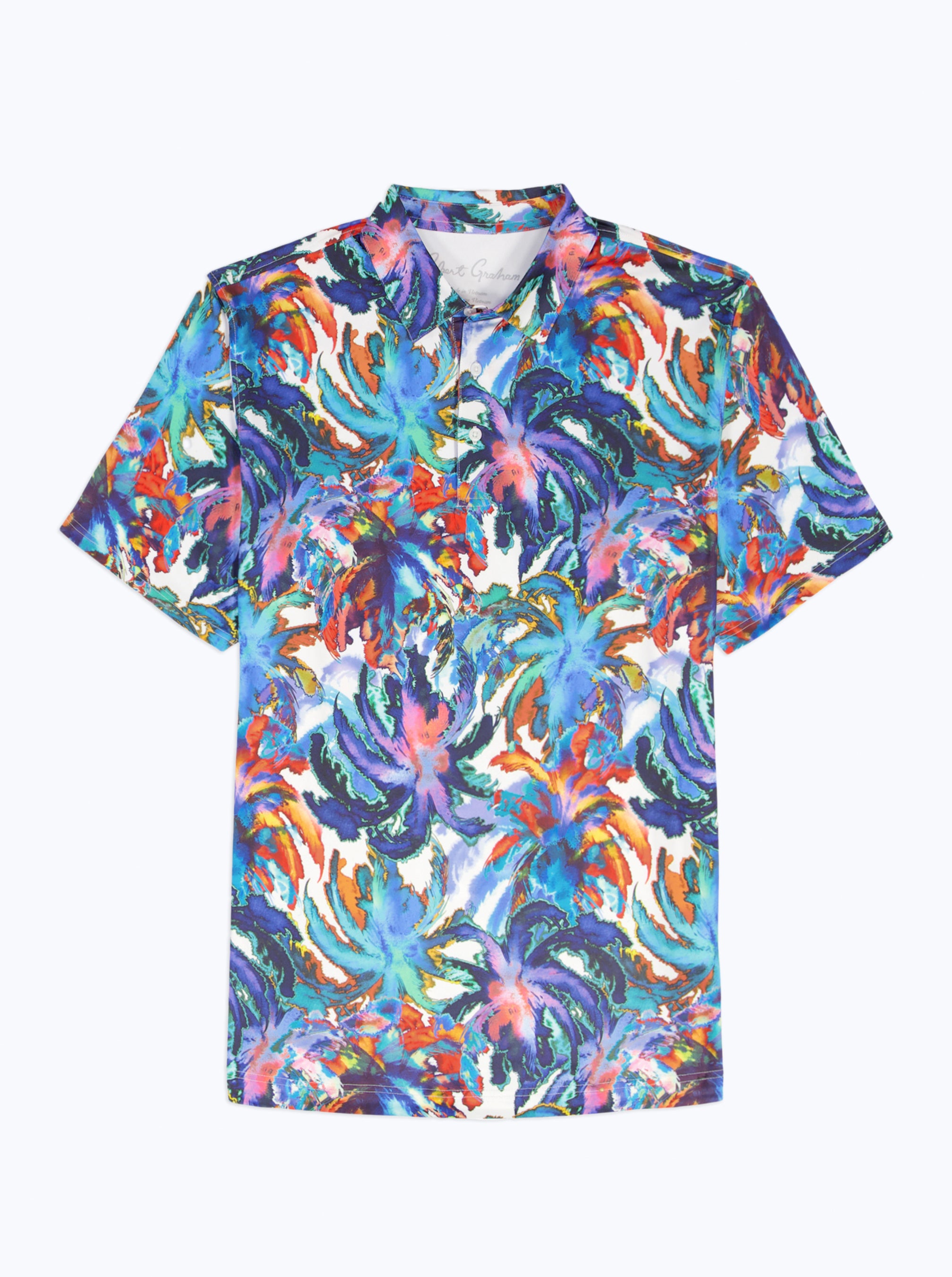 Colorful tropical patterned shirt on a white background
