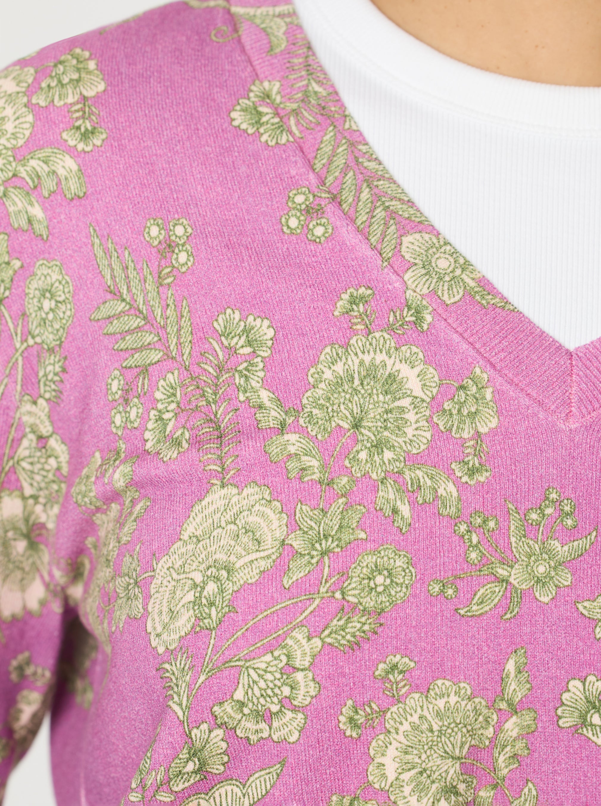 Close-up of a pink garment with green floral patterns