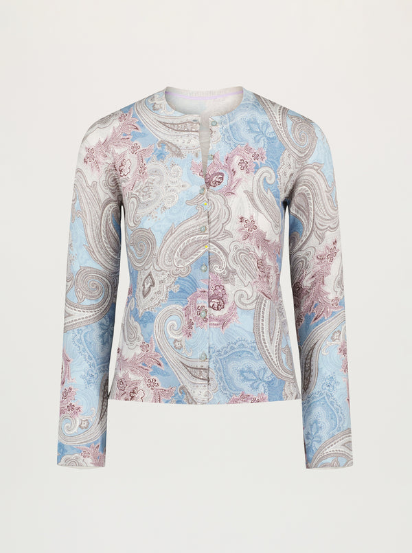 Long-sleeve shirt with paisley pattern on a white background