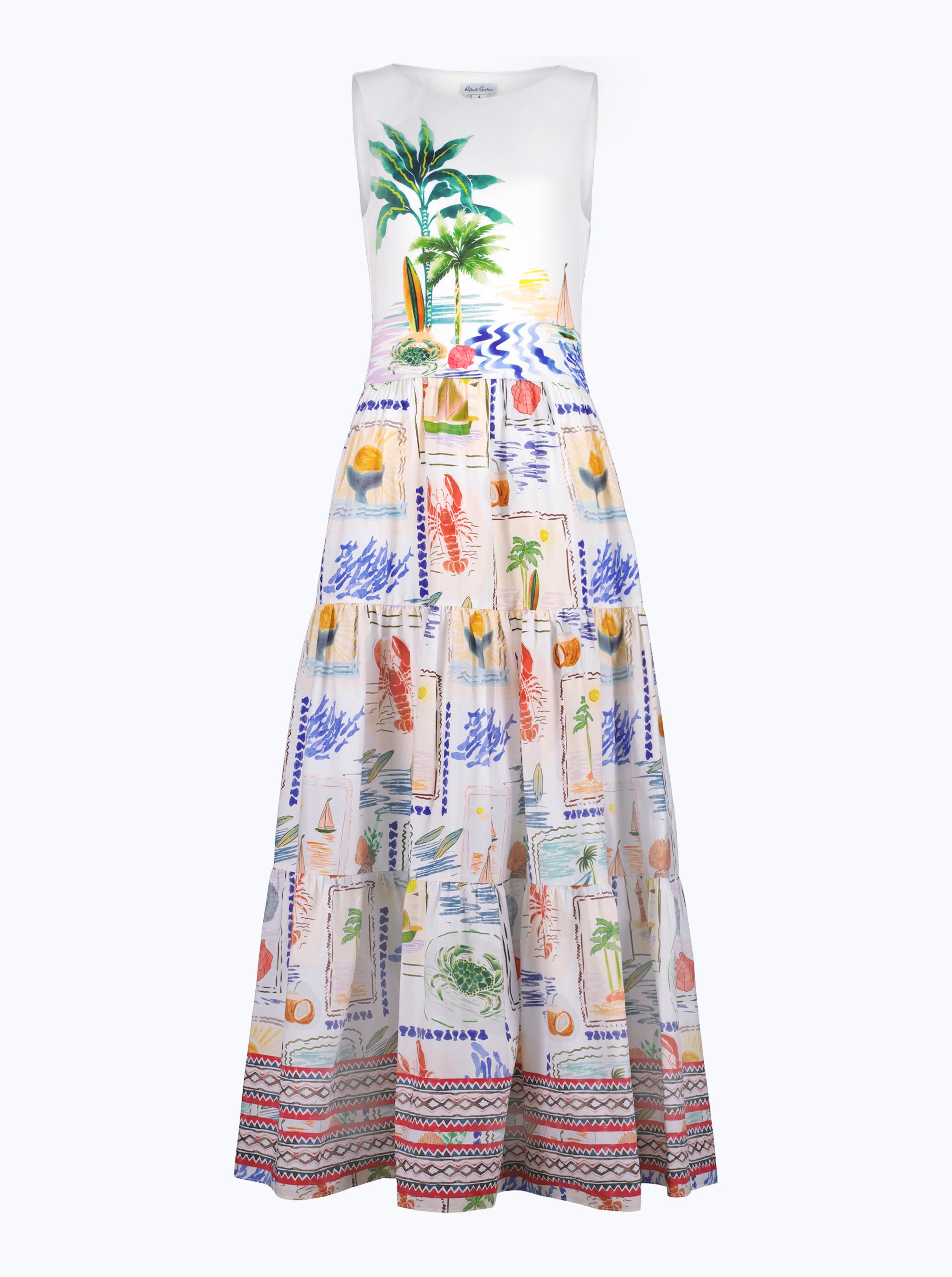 Colorful dress with a tropical pattern on a white background