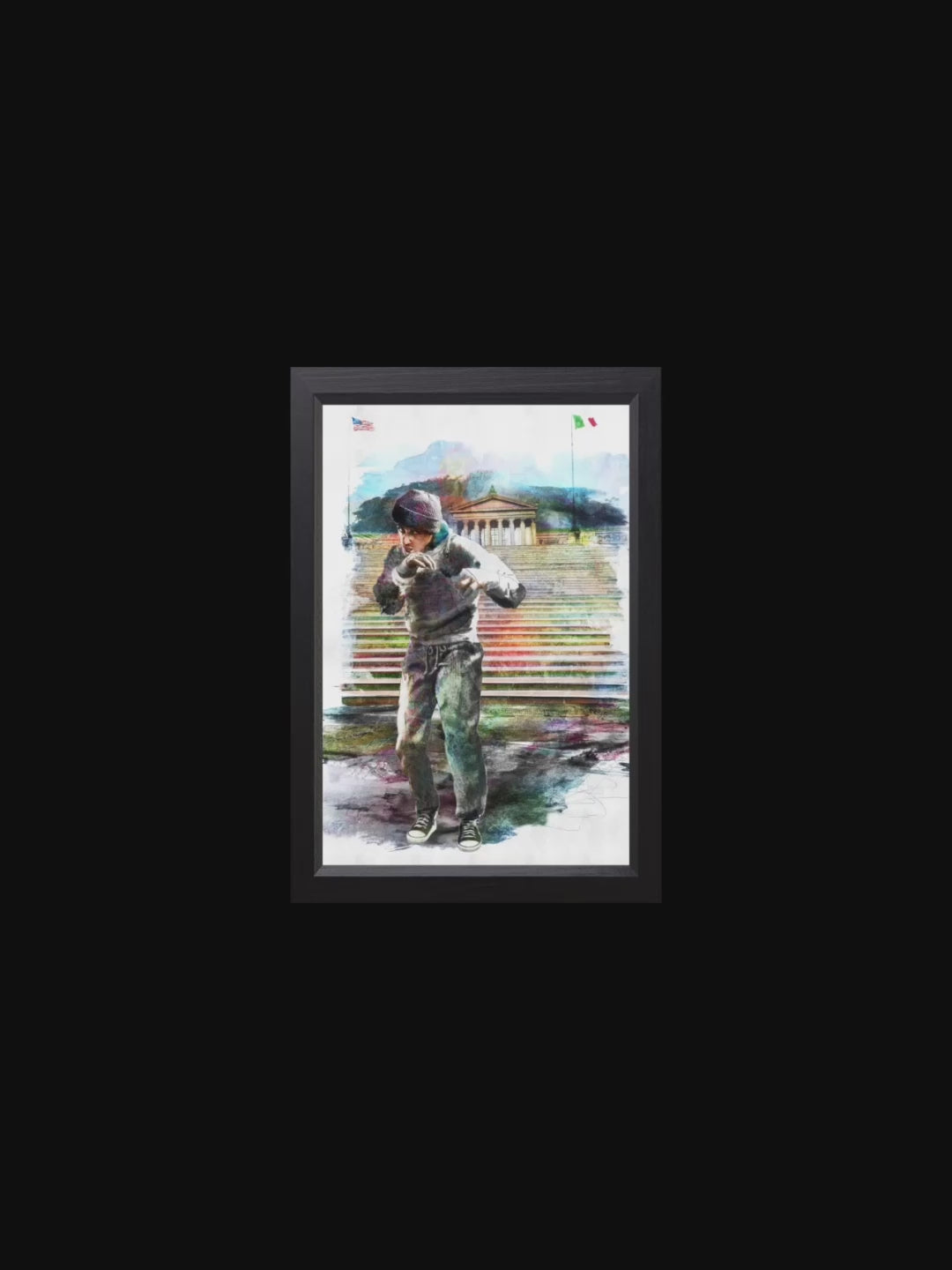 John describes a piece set at the bottom of the famous Rocky Steps, focused on capturing the moment of determination to begin the climb rather than the triumphant finish at the top.