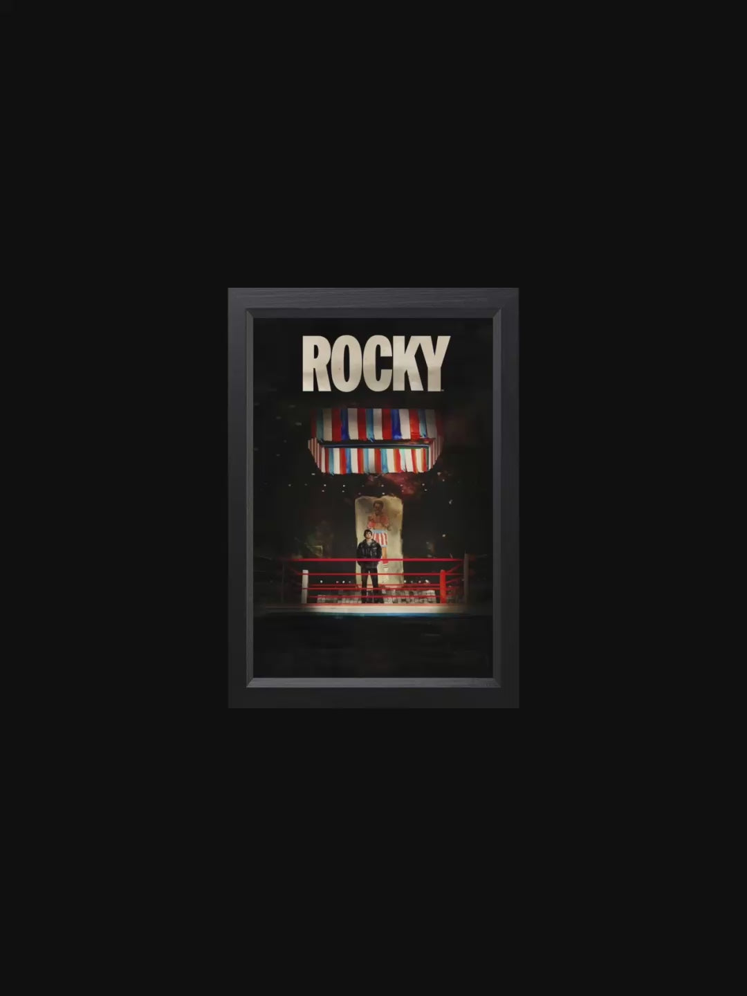 John describes an artwork depicting Rocky (the "Italian Stallion") draped in an American flag, meant to symbolize hope and possibility. It frames Rocky's rise from underdog to champion as an embodiment of the American Dream.