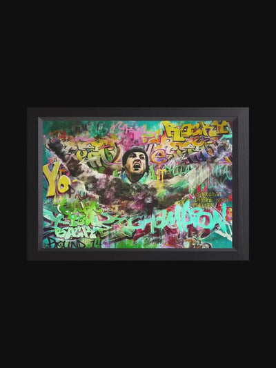John explains using graffiti-style techniques to capture the energy of the city, blending Rocky-inspired imagery with the South Philadelphia skyline into the composition.